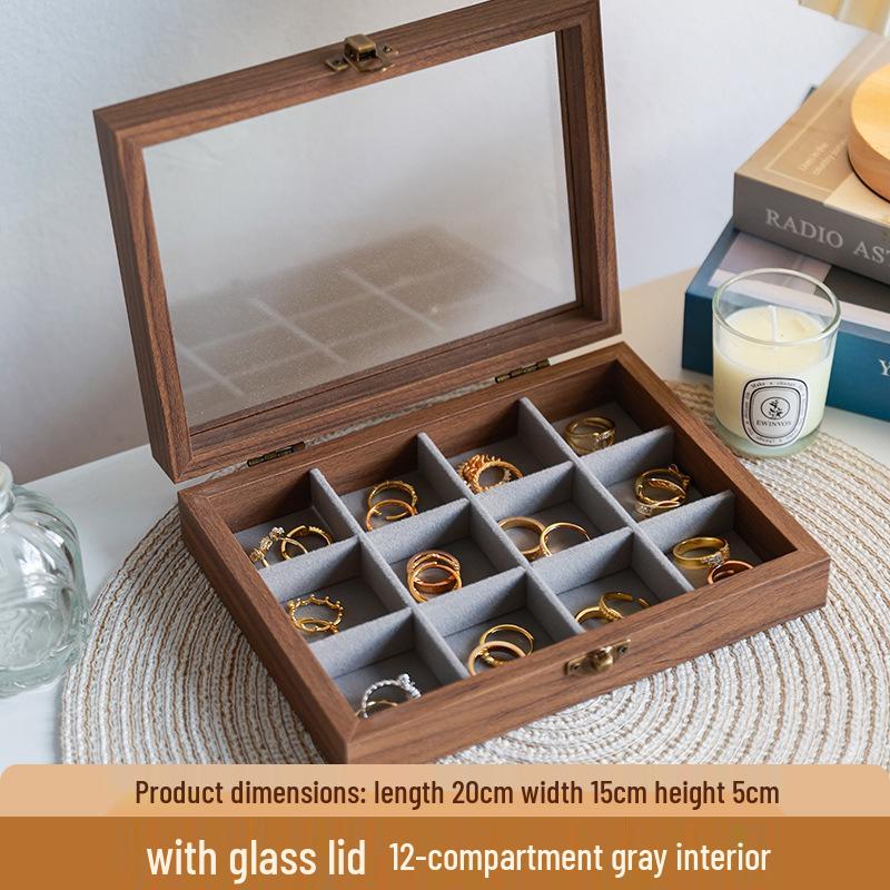 High-End Walnut Wood Grain Flip-Top Jewelry Box – Dustproof, Anti-Oxidation Ring Display