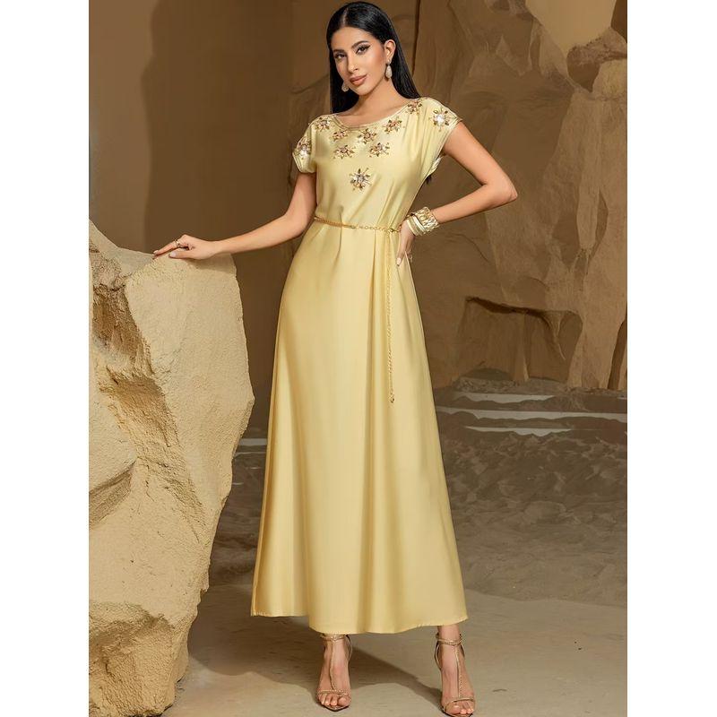 

New Arrival Middle East Saudi Arabia Short Sleeve Hand-Stitched Drill Dress Hand Sewn Diamond Dress Champagne XL