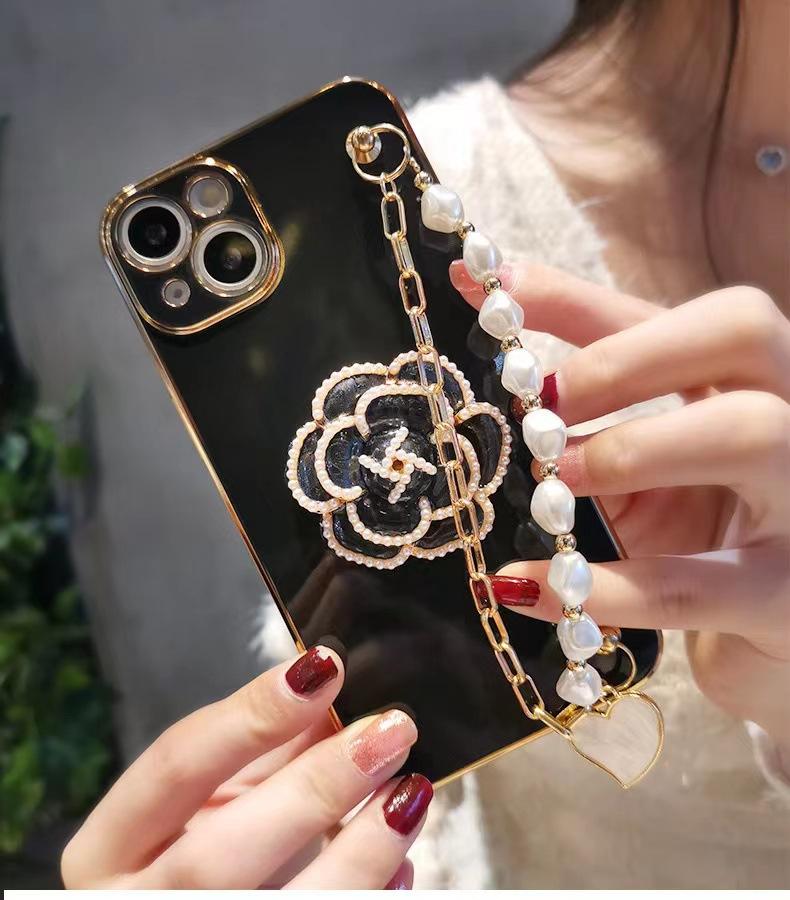 Camellia Applicable Apple 15 Mobile Phone Case Electroplated iPhone14 Pearl 13Promax Bracelet 12 Protective Case 11