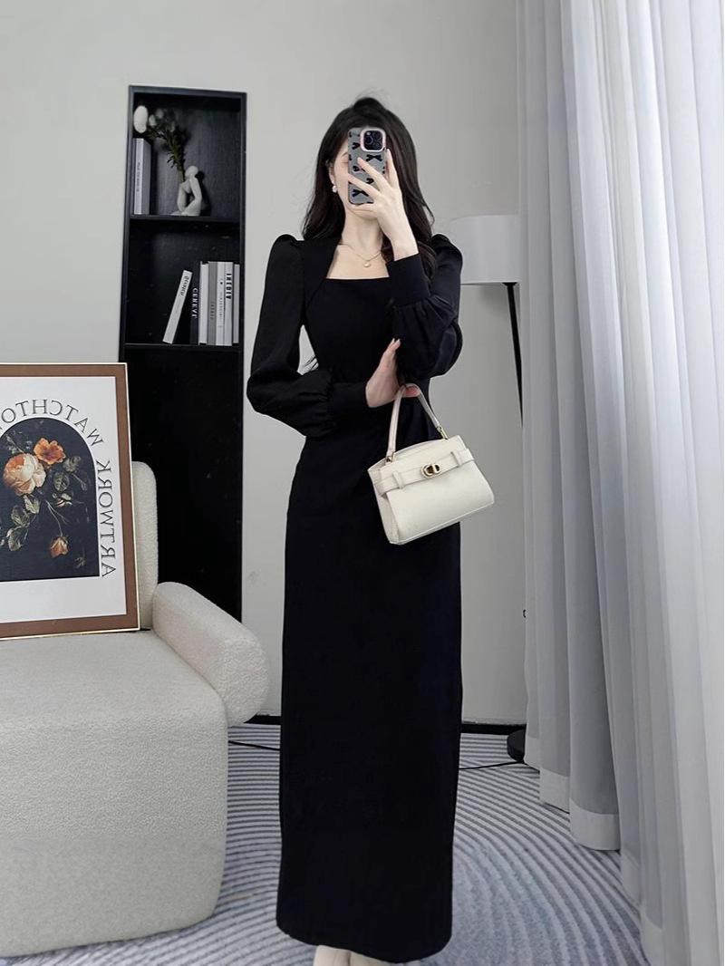 

Весеннее приталенное повседневное платье миди с квадратным вырезом и длинными рукавами, 2024 XXL чёрный