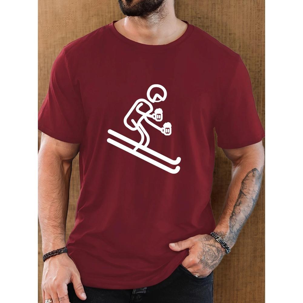 Male Skier Holding Beer Pattern Summer Casual Crew Neck Short T-shirt