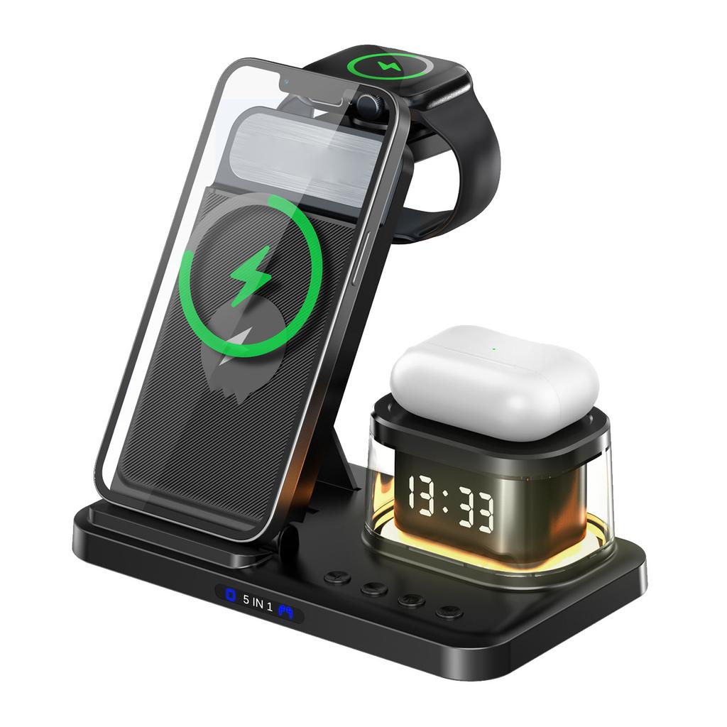 Stație de încărcare 5 în 1 Ceas Funcție Lumină de noapte Încărcător wireless portabil pentru Telefon mobil Ceas