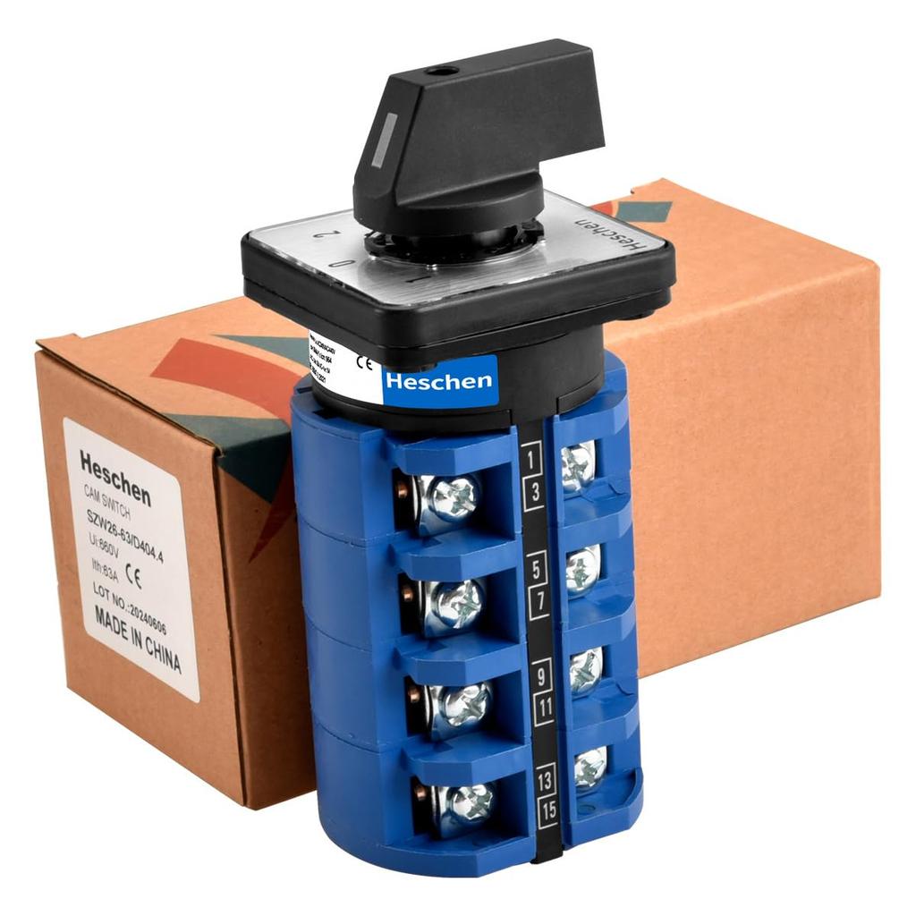 Heschen Universal Rotary Cam Selector Changeover 660V 3 Position 4 Phase 16 CE Switch, SZW26-63/D404.4, 63A, ON-OFF-ON, 4NO+4NC Terminals,