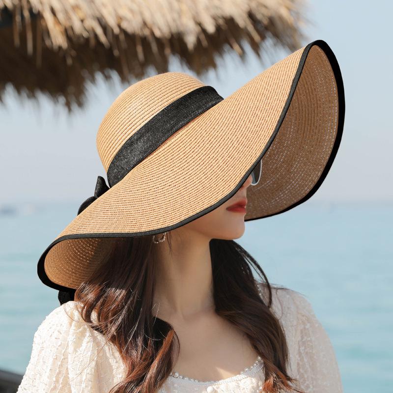 Korean Style Women's Wide Brim Straw Hat - Summer Seaside Bow Sun Protection