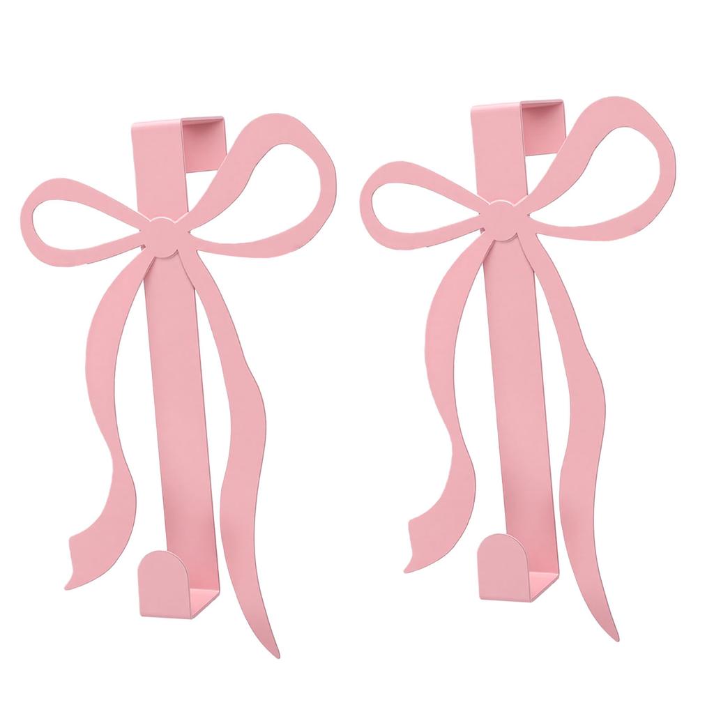 2 PCS Pink Bow Over The Door Hook Metal Door Towel Hanger Hook for Cabinets Living Room Bathroom Bedroom Kitchen