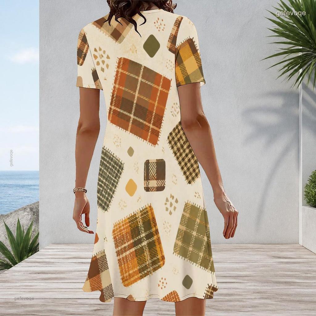 Women Plus Size Round Neck Short Sleeve Geometric Printed A Line Midi Dress