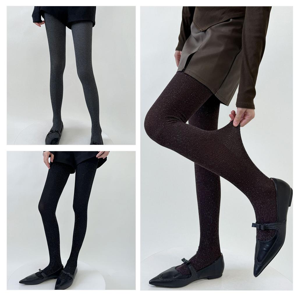 Sparkling Tights for Women Winter Fall Shimmering Ribbed Striped Pantyhose Glittering Solid Color Leggings Stockings
