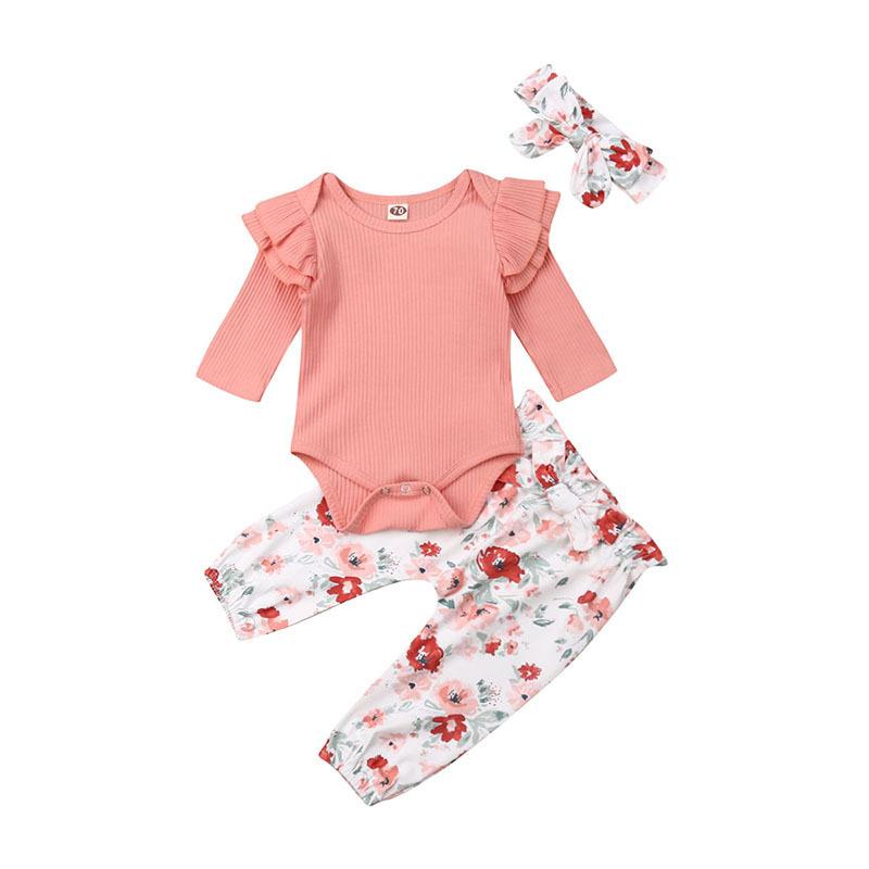 New Autumn Winter Baby Girls Ribbed Long Sleeve Floral Print Pants Headband 3 Piece Set Wine Red Infant Toddler Outfit