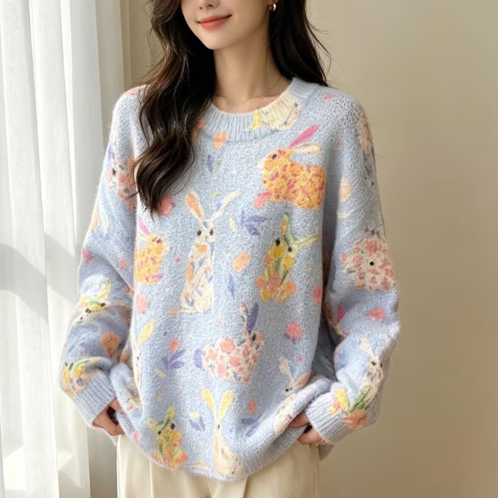 2026 Autumn Women Colorful Sweaters Knitting Basic Fashion O-Neck Style Loose Pullover Sweater