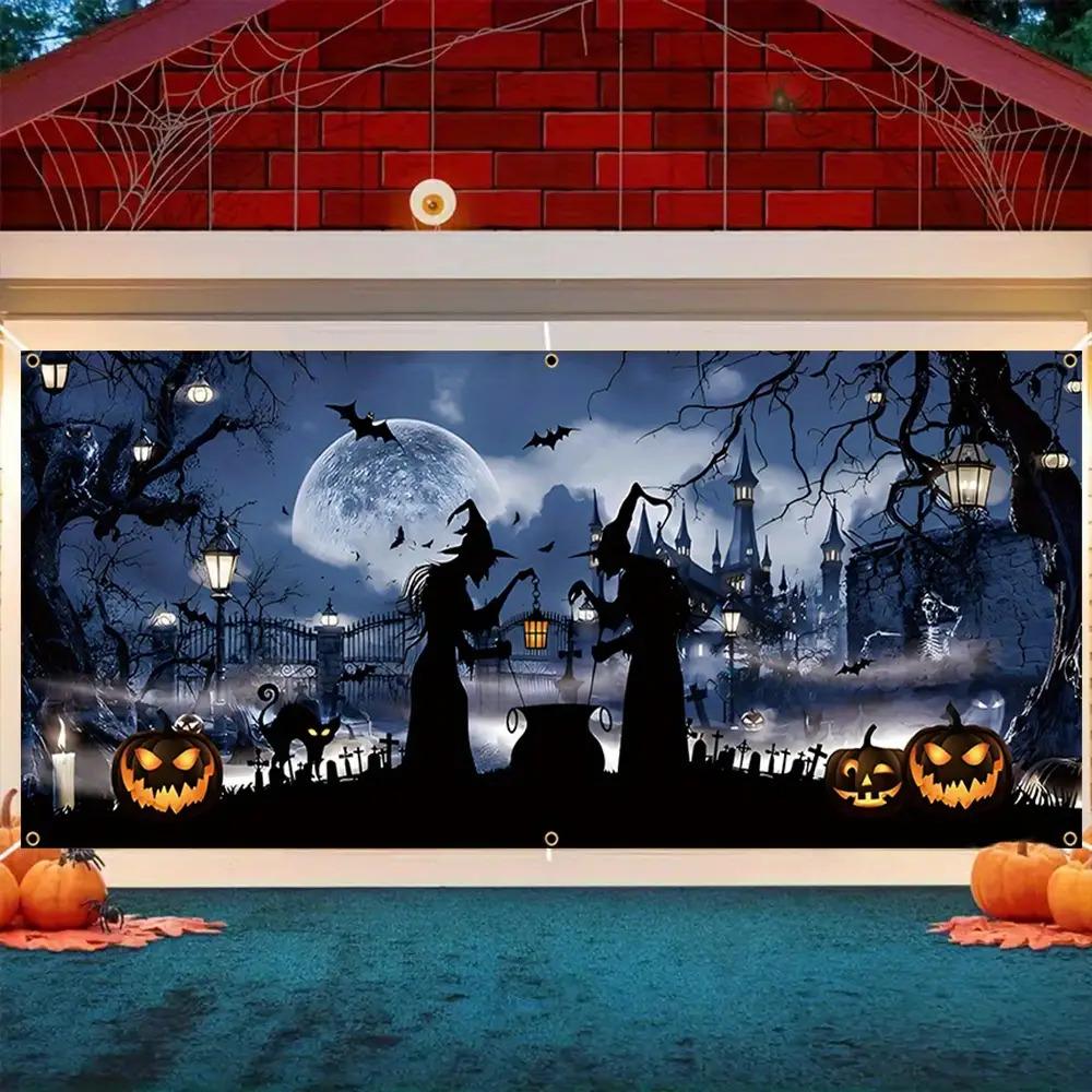 One large Halloween garage door banner made of durable polyester material featuring a ghostly witchzyc