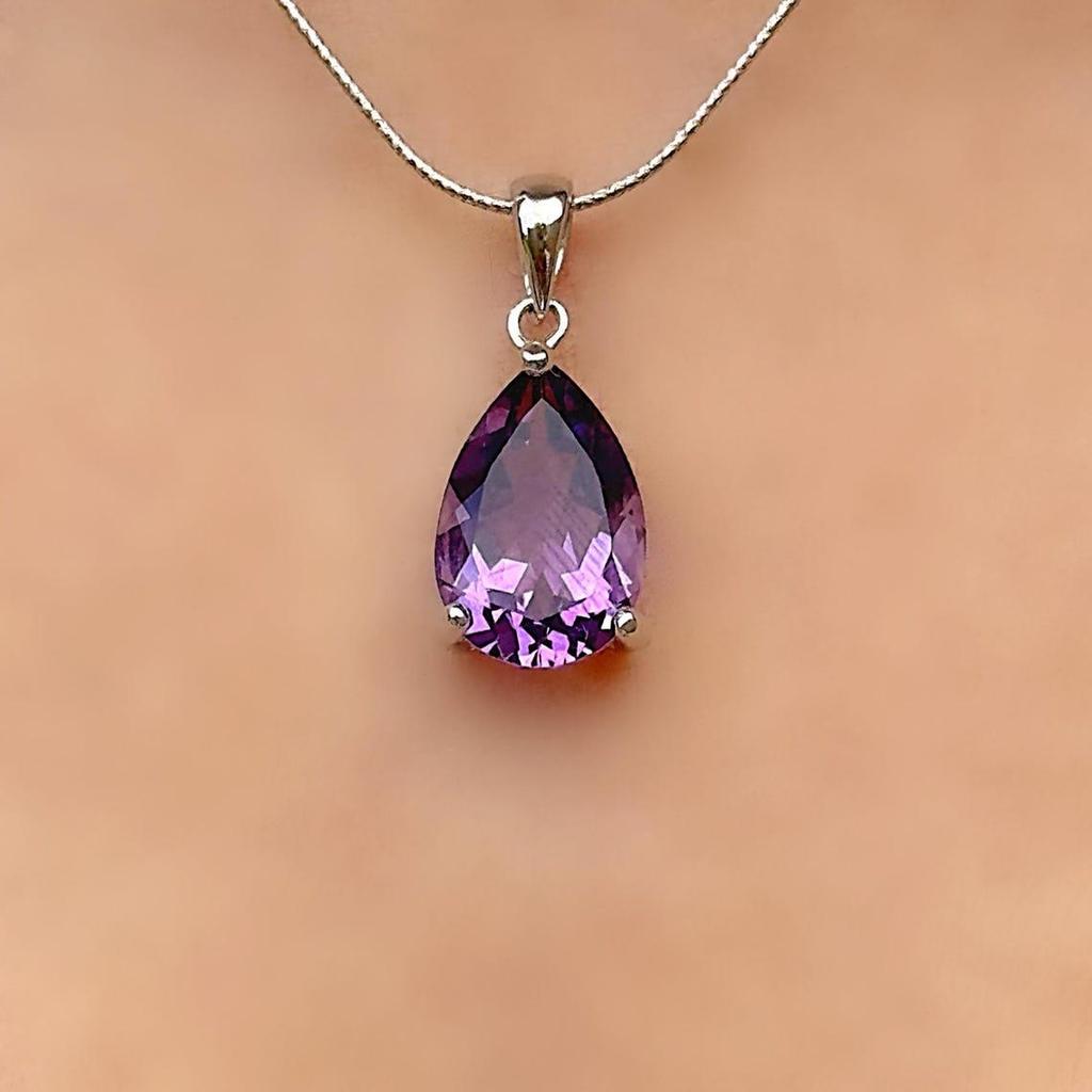 Halskette mit echtem Amethyst-Solitär in Tropfenform, Silberanhänger, nur Geburtsstein für Februar