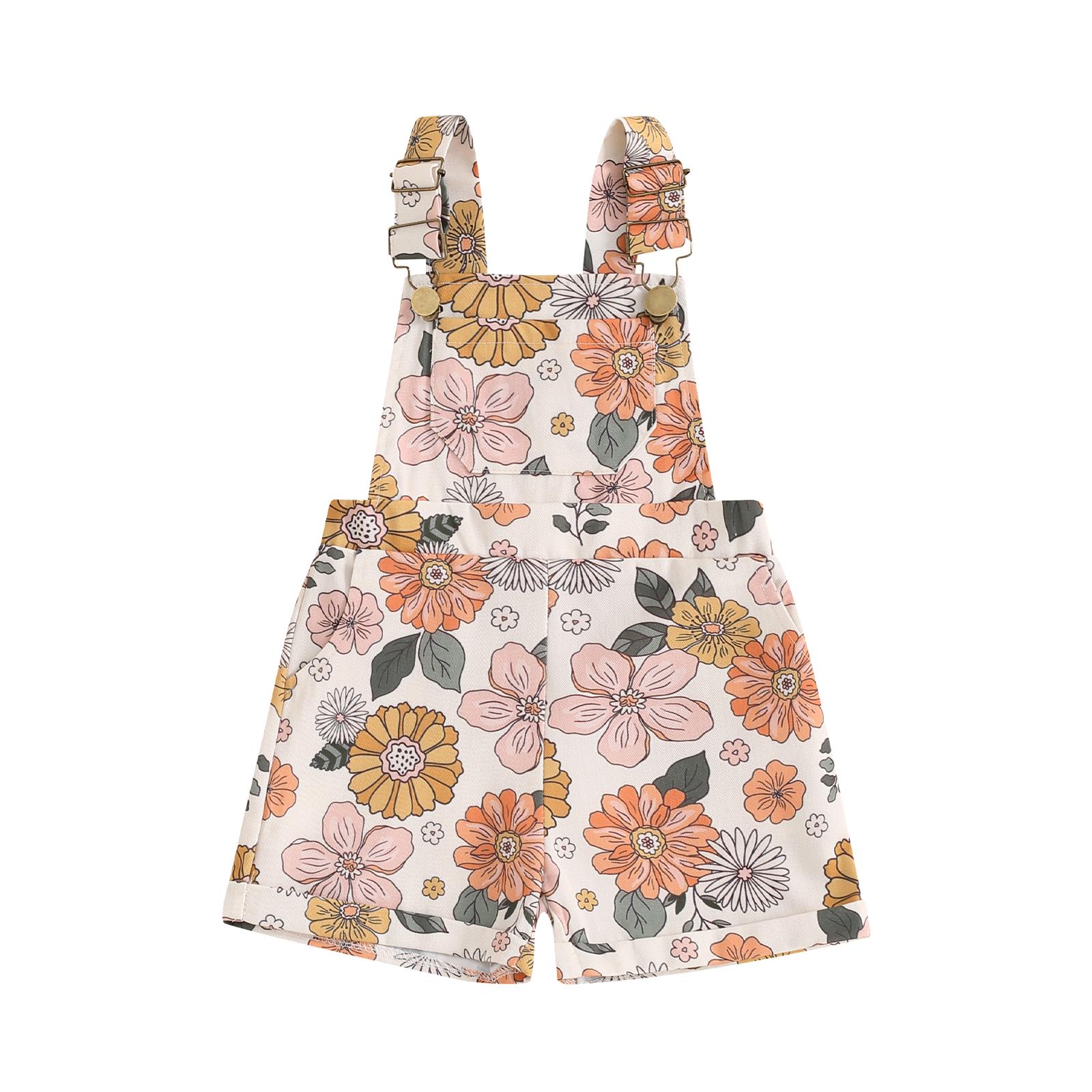 

Дитячі комбінезони для дівчат із полуничним/квітковим принтом, імітація джинсової тканини, без рукавів, на бретелях, ґудзиках, кишенях, короткі літні комбінезони 3-4 Years бежевий