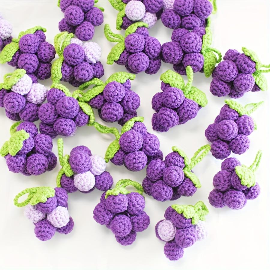 2pcs Handmade Crochet Grape Keychain - Purple Knitted Hanging Decoration with Green Leaves, Artifical Crocheted Fruits
