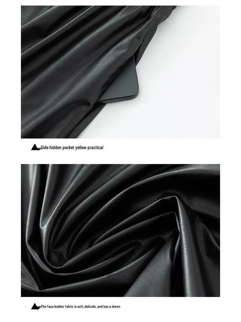 Yifei High-Waisted Black PU Leather A-Line Pleated Skirt - Women's Slimming Long Umbrella Skirt, 2026 Style.