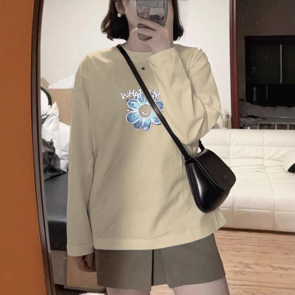 Ladies Spring Autumn Long Sleeve Crew Neck Oversize Loose Flower Printed Pullover T Shirt  Top for Layering