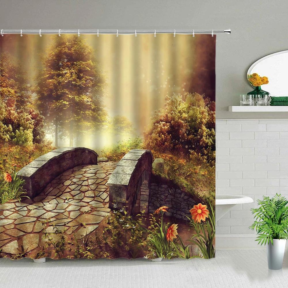 

Wooden Bridge Forest Scenery Shower Curtain Set Waterfall Flower Plant Tree Bird Mount Fuji Landscape Bath Curtains With Hooks W60H190(CM)-1 Pcs