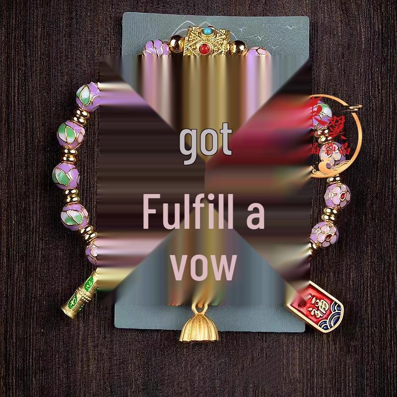 Purple Cloisonné Lotus Pod Bamboo Joint Bracelet with Gold Foil and Fu Character Charm