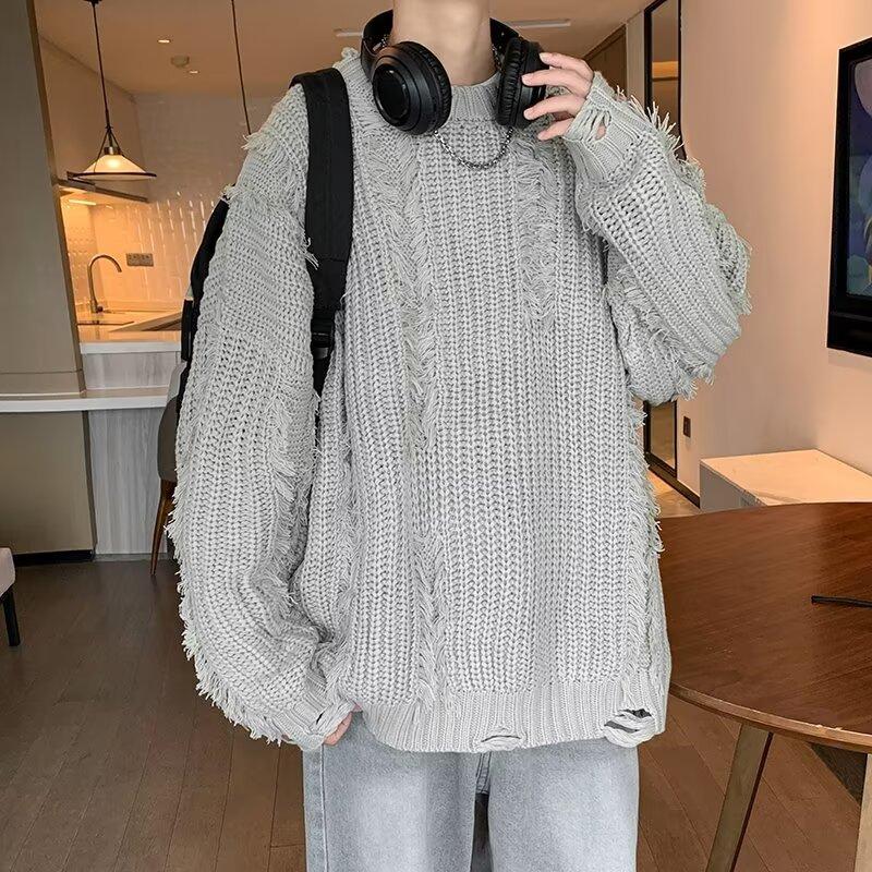 Ripped Tassel Crew Neck Sweater Men's Autumn and Winter American Trendy Brand Niche High Street Lazy Loose Casual Knitted Sweater