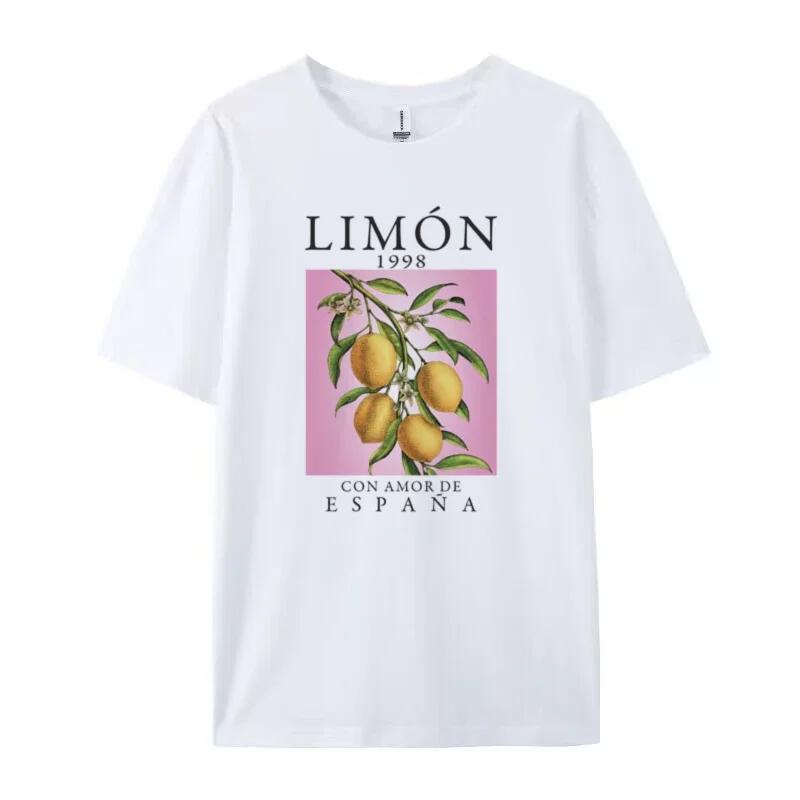 Vintage Niedliche Zitronenfrucht-Print T-Shirts Ästhetisches Botanisches T-Shirt Übergroße Streetwear Oberteile Baumwolle Damen Cottagecore Kleidung