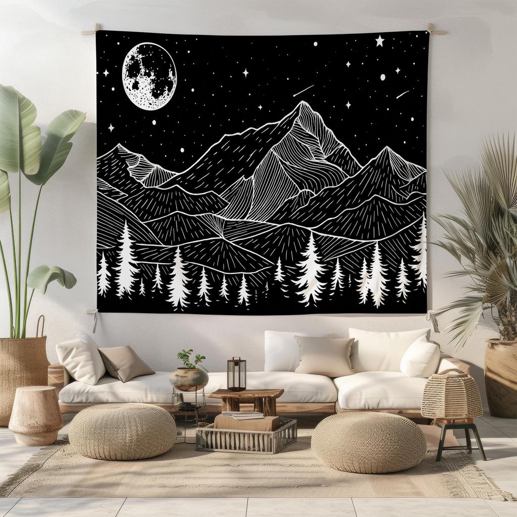 Mountain Moon Tapestry In Black and White – Celestial Forest Night Wall Art Minimalist Nature Decor for Bedroom or Gift for Him or Her