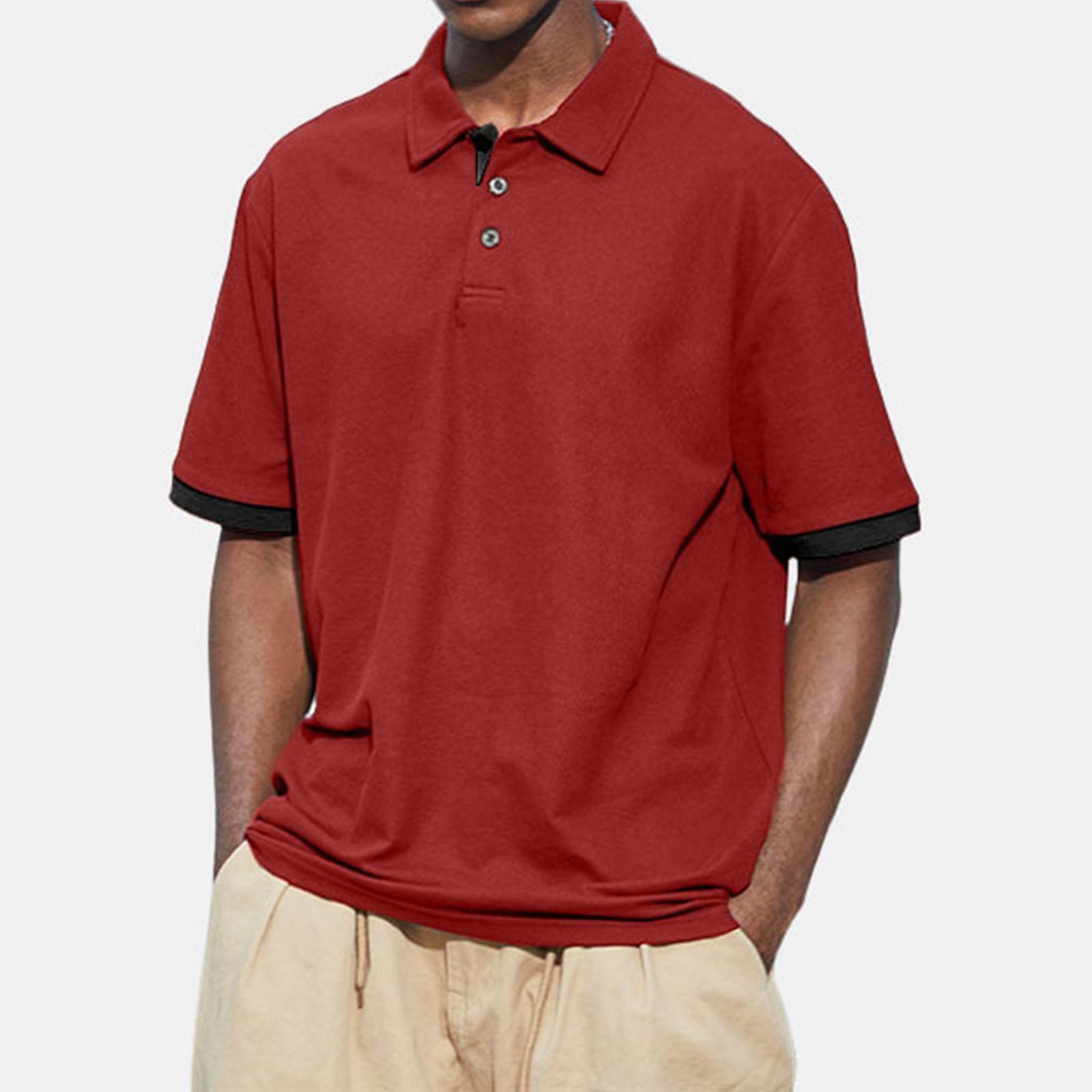 Мужская летняя однотонная футболка с открытым воротником на 3 пуговицах и топом с короткими рукавами на пуговицах XXXL красный 1769₽