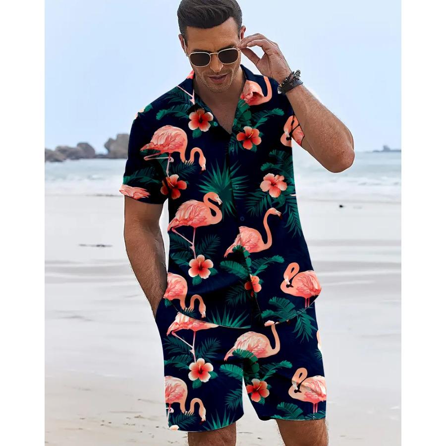Funny 3D Flamingo Print Men's Shirt Beach Vacation Short Sleeve and Shorts Two-Piece Set