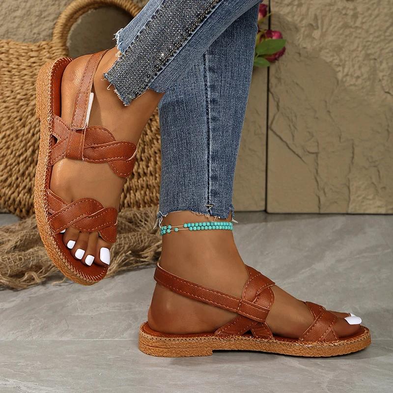 Fashion Summer Beach Flat Heels Sandals Women Plus Size 43 Woven Band Non Slip Rome Shoes Woman Back Strap Pu Leather Sandalias De Mujer