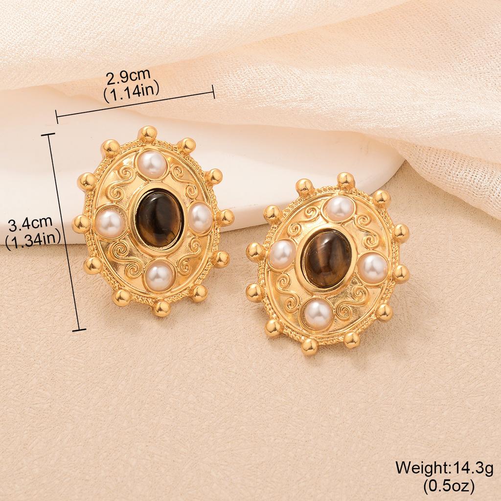 Maillard enamel color big flower stud earrings vintage copper plated medieval gold earrings tiger eye series texture earrings