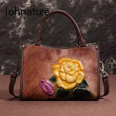 Retro-Schulter- und Umhängetaschen aus Rindsleder mit Prägung, lässige Damenhandtasche aus echtem Leder mit großer Kapazität