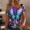 Women Butterfly Print Cold Shoulder Short Sleeve T Shirt Irregular Cutout Neck Casual Summer Blouse Top