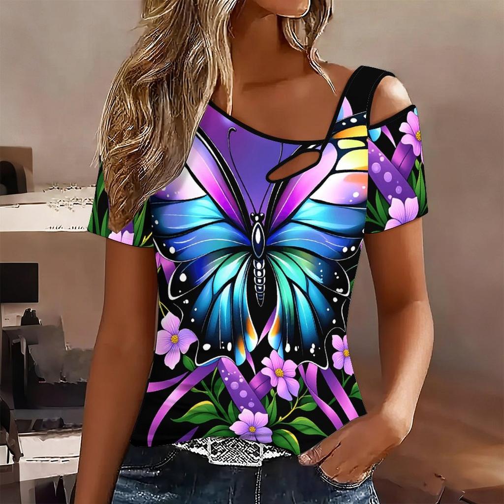 Women Butterfly Print Cold Shoulder Short Sleeve T Shirt Irregular Cutout Neck Casual Summer Blouse Top