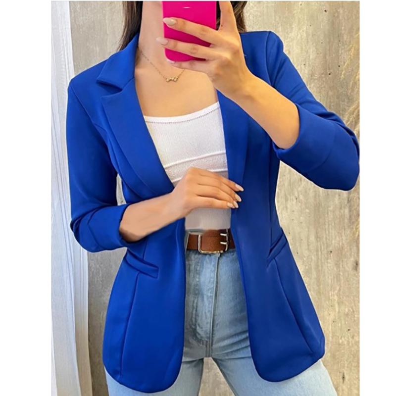 

Осінній суцільний мінімалістичний піджак з довгим рукавом і коміром, піджак, жіноче пальто, одяг S синій
