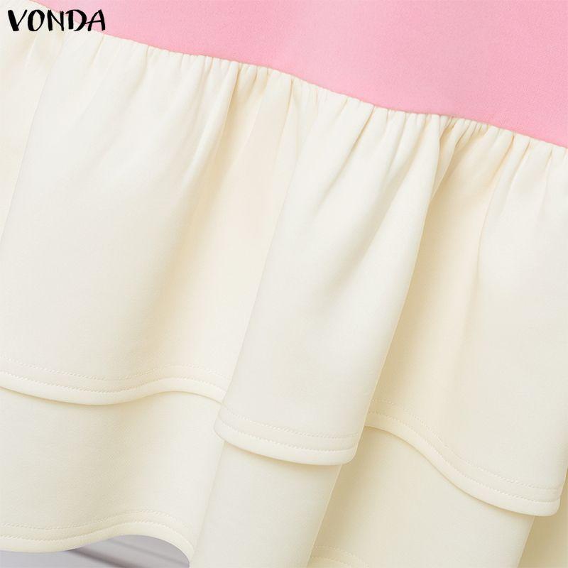 VONDA Women Casual V Neck Long Sleeve Patchwork Ruffled Dress