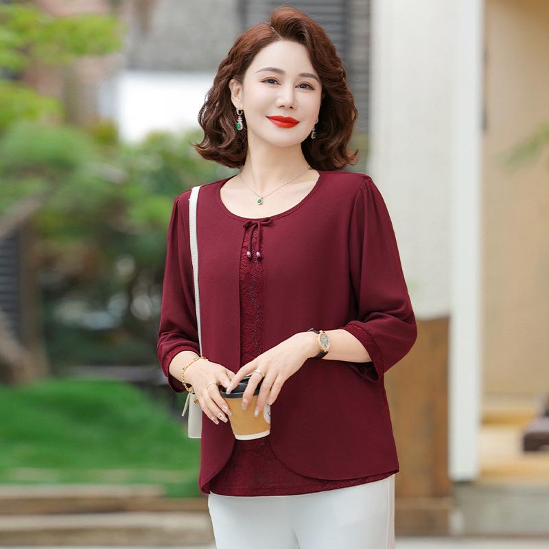 

Chic Spring-Summer 2026 Mother s Faux Two-Piece Loose T-Shirt with Stylish Slimming Seven-Point Sleeves - New Chinese Style Top for Women XL (90-115 jin)
