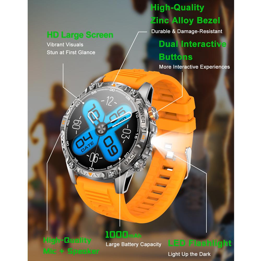 New 1000mAh Battery SmartWatch IP68 Waterproof Compass Bluetooth call 1.7"  HD Sports Flashlight Smart Watch For Men
