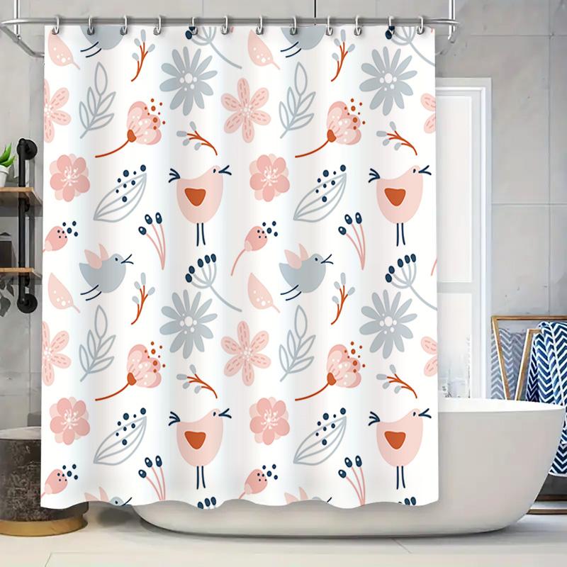 

Beautiful Pink Floral Birds Shower Curtain Perfect For Bathroom Decor! W60H190(CM)-1 Pcs