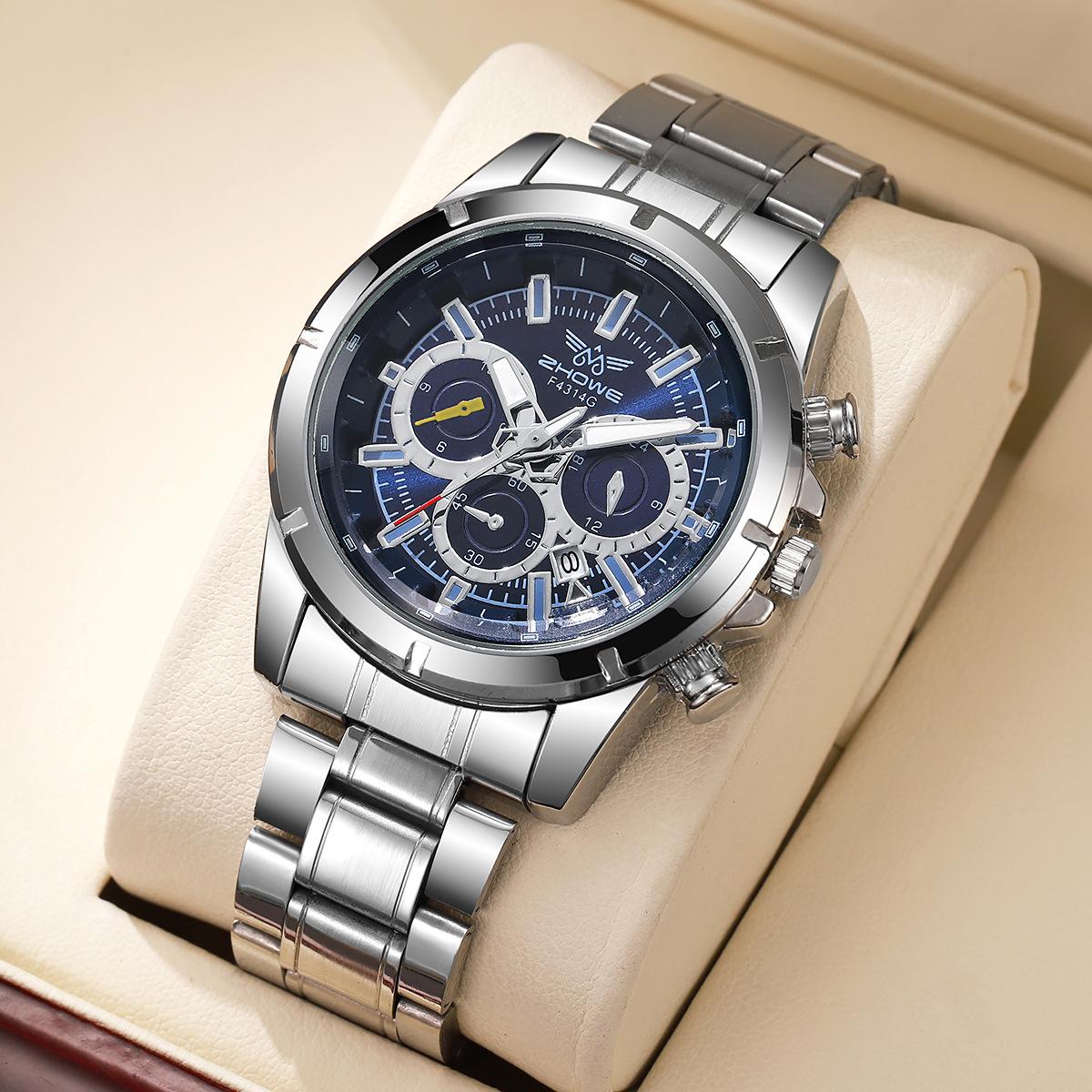 Fashion High-End Business Alloy Steel Belt Silver Calendar Scale Three-Eye Men S Quartz Watch синий