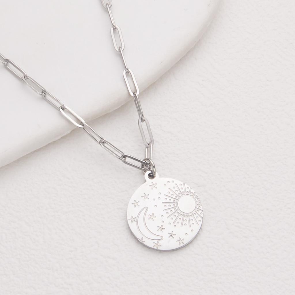 Edelstahl Titan Stahl Einfache Damen Silber Gold Stern Mond Sonne Runde Münze Schlüsselbein Mode Licht Luxus Halskette