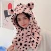 Plush Leopard Print 3d Hooded Hat With Neck Warmer For Winter Warmth