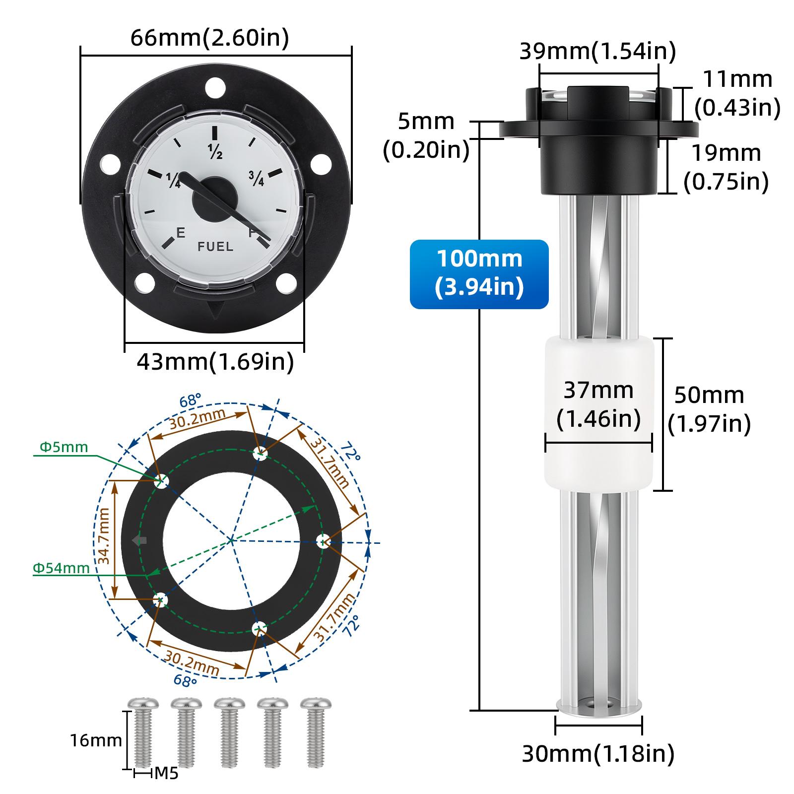 Fuel Level Tank Oil Level Gauge E-F Pointer Digit Gar Fuel Meter +100MM-500MM Oil Level Sensor Fuel Sending Unit for Car Marine 100mm sensor