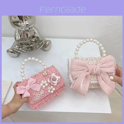 Modern Trendy Kids Girls Wool Cotton Butterfly Pearl Handbag With Flower Pattern For Daily Use
