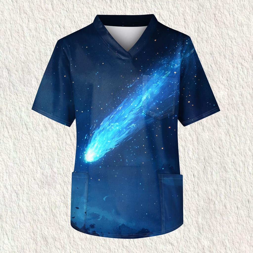 Men's Printing Short Sleeve V-neck Working Blouse Chest Pocket Carer Top
