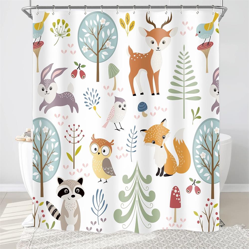 Cartoon Animals Shower Curtains Cute Fox Lion Deer Rabbit Autumn Floral Plant Kids Bath Curtain Polyester Bathroom Bathtub Decor