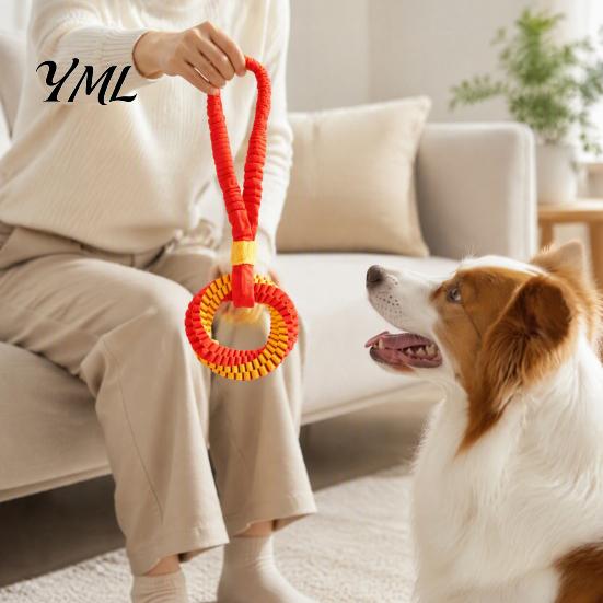 Tear Resistant Dog Toys Bungee Tug Toy, Woven Ring with Long Handle, Interactive Chew Teeth Soft Polyester Rope Cleaning Toy for Medium Large