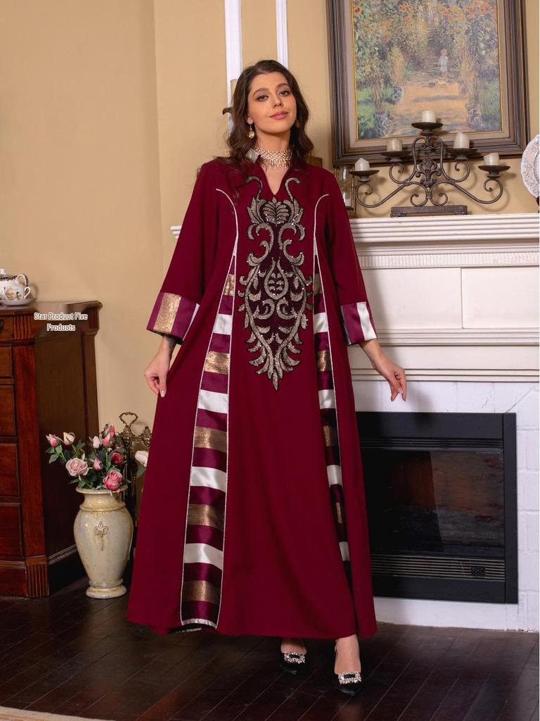 AB052 Women's Embroidered Striped Abaya - Middle East Arabic Muslim Robe