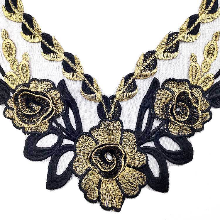 Wateroplosbare kanten kraag, goudkleurige draadkraag, netbodem borduur corsage DIY kanten accessoires, zwart en goud.