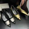 New Brand Fashion Luxury Metal Pointed Toe Fine Heeled Shallow Mouth Women's Shoes Sexy Banquet Dress Wedding High Heels Female