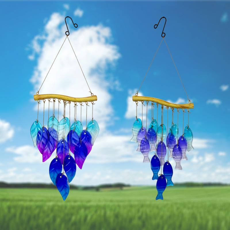 Iron Wind Chimes With Colored Glass For Garden Fish Leaf Design Outdoor Decor Hanging Ornament