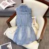 Plus Size Women Vest Sleeveless Waist Tie Fashion Slimming Long Retro Denim Jacket Casual Design