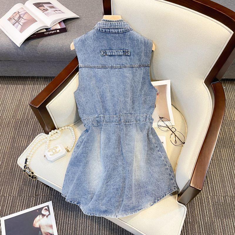 Plus Size Women Vest Sleeveless Waist Tie Fashion Slimming Long Retro Denim Jacket Casual Design